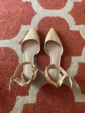 Mix No. 6 Beige Pointed-Toe Ankle-Strap Flats with Stud Accents
